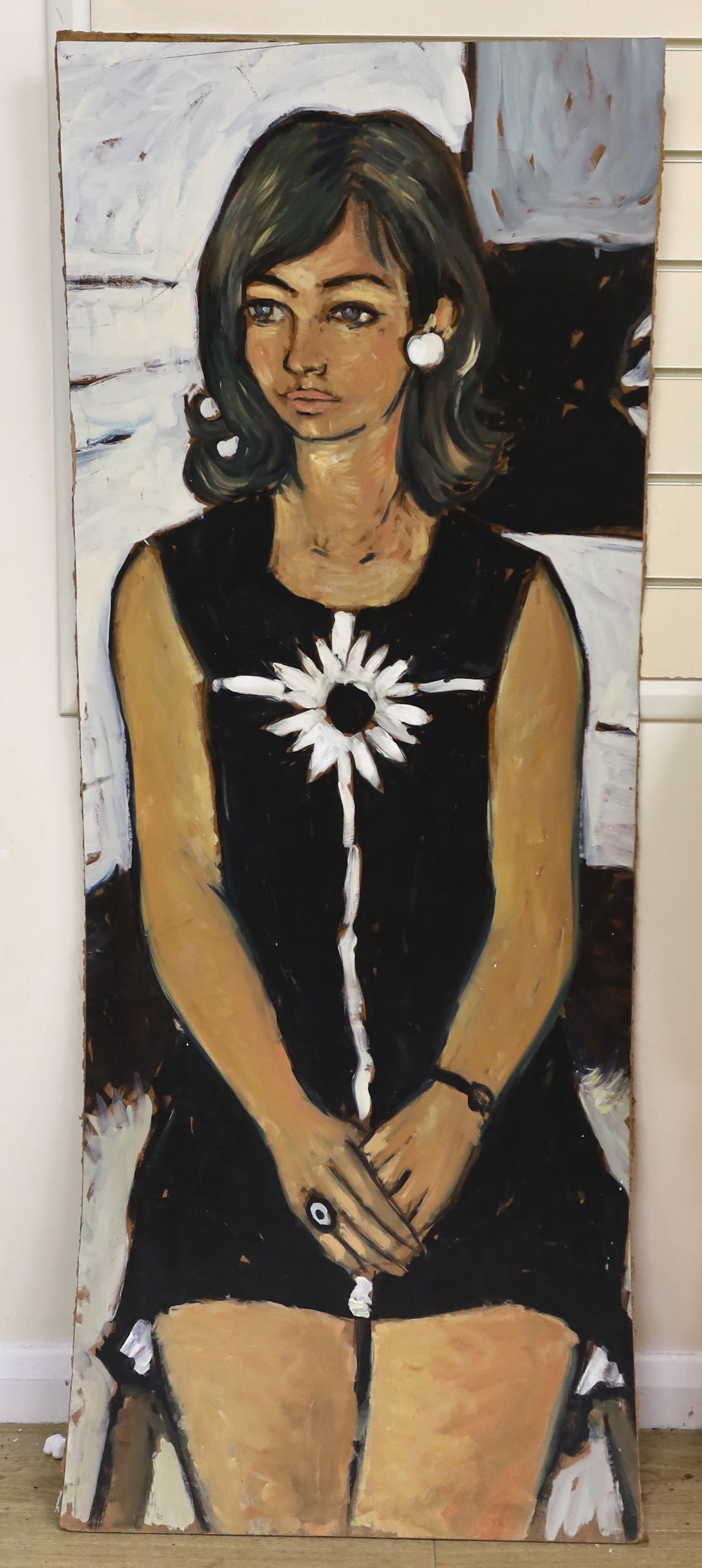 Michael John Blaker (1928-2018), two oils on board, Gentleman seated at a table and Portrait of a lady, one signed, largest 139 x 55cm, unframed